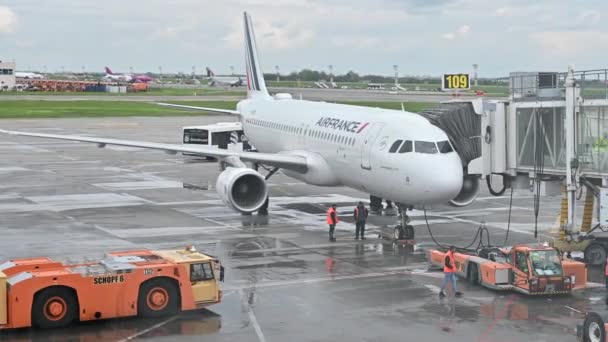 Bucharest Romania May 2023 Вид Припаркований Літак Працівниками Аеропорту — стокове відео