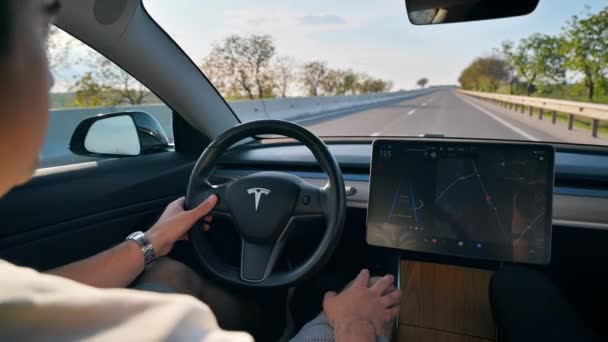 Chisinau Moldova May 2023 Interior View Tesla Model Moving Autopilot — Stock Video