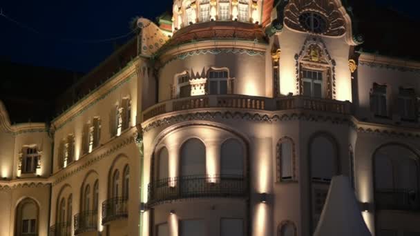 Widok Fasadę Pałacu Black Hawk Nocy Rumunii Oświetlenie — Wideo stockowe