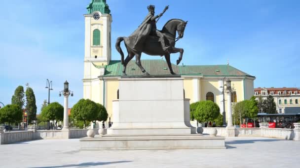 フェルディナンド1世像の眺めルーマニアのダウンタウンのオラデアにあるユニリ広場にあります 背景にある聖ラディスラウス教会 — ストック動画