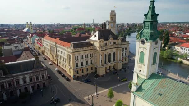 Areal Drone Вид Площу Unirii Місті Орадя Румунія Церква Святого — стокове відео