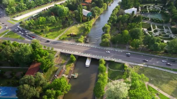 ルーマニアのティミソアラでベガ川の空中ドローンビュー フローティングボートで川の景色 川の両側の緑 動く車と橋 街並み — ストック動画