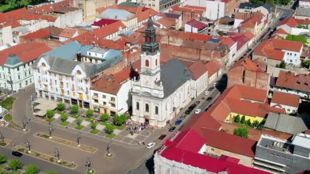 Ареальний Безпілотний Вид Церкву Місяця Орадеї Румунія Історичні Будівлі Люди — стокове відео