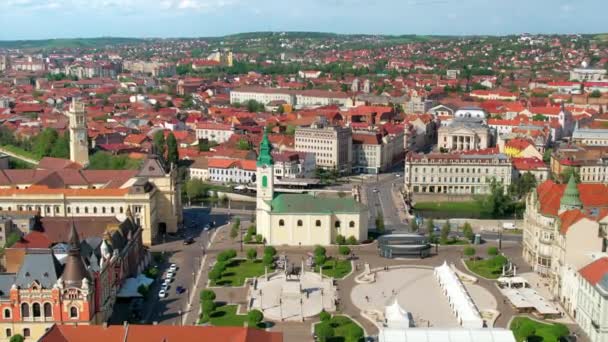 Areal Vista Del Dron Plaza Unirii Centro Oradea Rumania Estatua — Vídeos de Stock