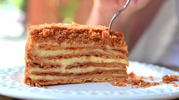 Woman Eating Millefeuille Cake Close — Stock Video