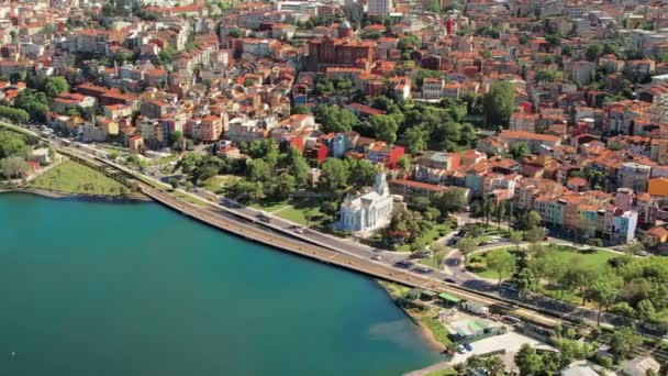 Widok Lotu Ptaka Stambuł Turcja Dzielnica Balat Wielu Budynków Mieszkalnych — Wideo stockowe