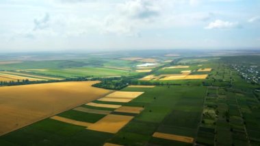 Moldova 'daki doğanın insansız hava aracı görüntüsü. Geniş yeşil alanlar, parçalı bulutlu gökyüzü