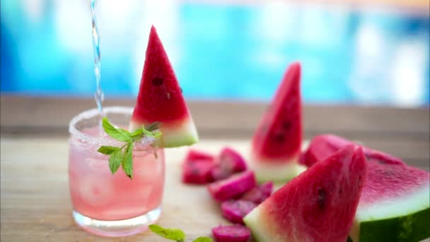Pouring Mineral Water Mojito Cocktail Red Watermelon Pool — Stock Video