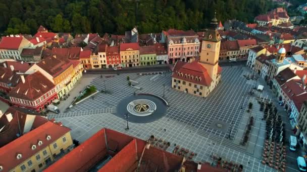 Vista Aérea Drone Praça Conselho Brasov Roménia Centro Cidade Velha — Vídeo de Stock