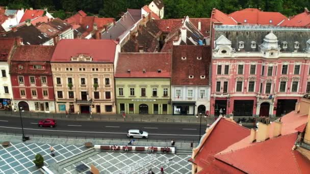 Vista Aérea Del Avión Tripulado Brasov Rumania Centro Histórico Ciudad — Vídeos de Stock