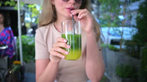 Woman Drinking Matcha Tea Ice Terrace Slow Motion — Stock Video