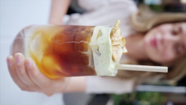 Close View Woman Holding Cold Brew Espresso Shot Drink Matcha — Wideo stockowe
