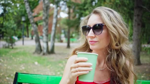 Woman Drinking Green Tea Park Slow Motion — Stock Video