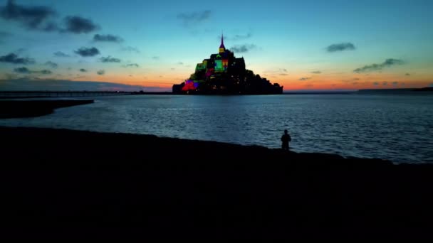 Letecký Pohled Mont Saint Michel Při Západu Slunce Normandii Francii — Stock video