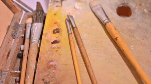 Brushes Paintings Lying Wooden Underlay — Stock Video