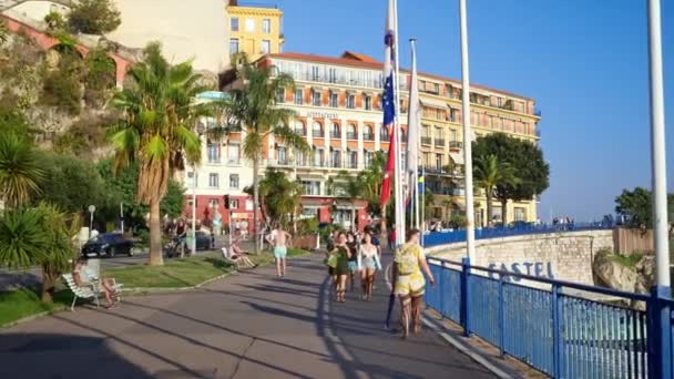 Nicea Francja Września 2023 Promenada Anglików Wieloma Chodzącymi Ludźmi Klasycznymi — Wideo stockowe