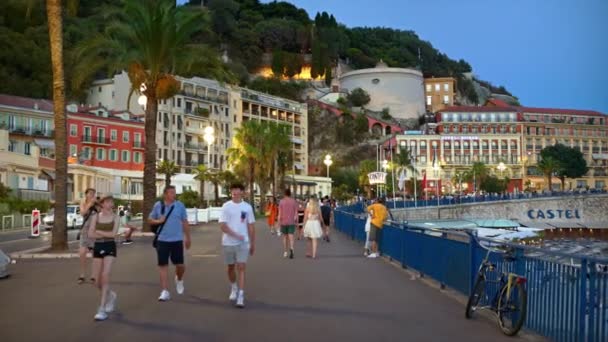 Nice Francia Settembre 2023 Promenade Des Anglais Tramonto Passeggiate Riposo — Video Stock