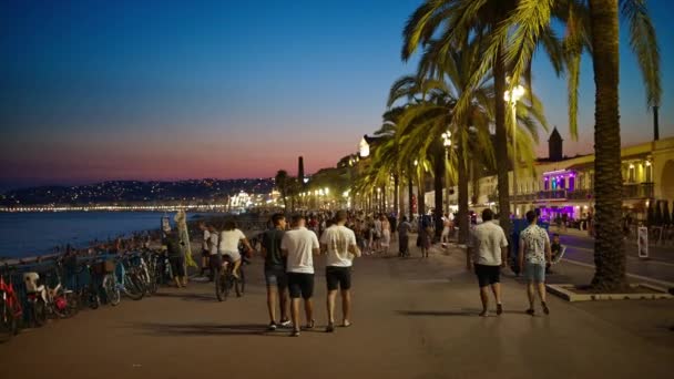 Nice França Setembro 2023 Promenade Des Anglais Noite Múltiplas Pessoas — Vídeo de Stock