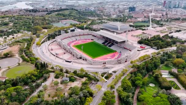 Luchtdrone Zicht Het Voetbalstadion Van Barcelona Rondom Groen Barcelona Spanje — Stockvideo