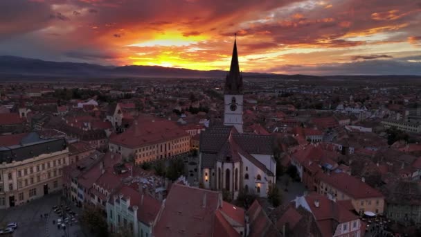 Vista Aérea Drone Sibiu Pôr Sol Roménia — Vídeo de Stock