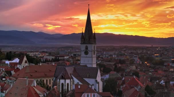 Zicht Vanuit Lucht Sibiu Bij Zonsondergang Roemenië — Stockvideo