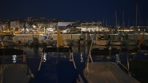 Utsikt Över Hamnen Cannes Med Flera Förtöjda Båtar Natten Frankrike — Stockvideo