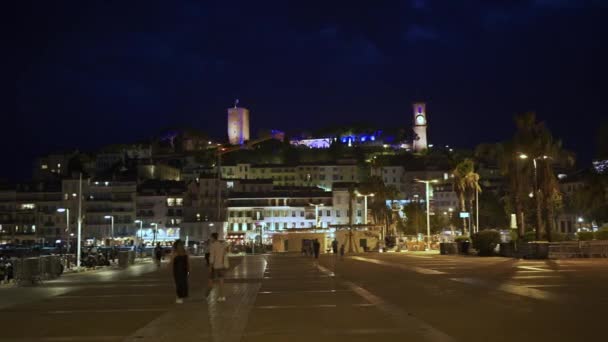 Cannes França Setembro 2023 Vista Rua Aterro Noite Cityscape Com — Vídeo de Stock