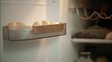 Buzdolabının açık kapısında bir sıra yumurta. Yakın çekim.