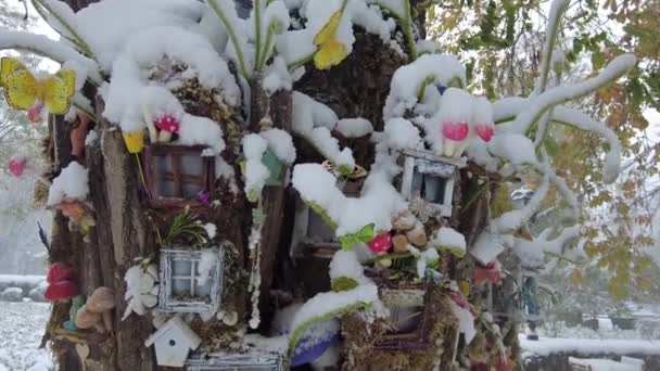 冬の公園で窓 ライトが付いている装飾的な木製の家の近くの雪 — ストック動画