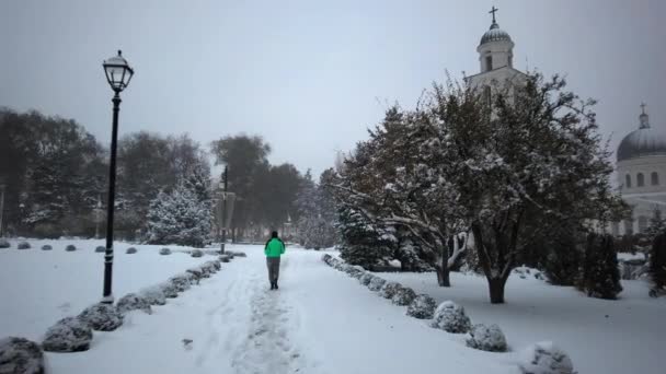 Centralny Park Kiszyniów Pokryty Śniegiem Pobliżu Katedry Narodzenia — Wideo stockowe
