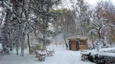Chisinau, Moldova - 23 Kasım 2023: Bonjour kahve dükkanı yakınlarındaki Central Park 'ta yoğun kar yağışlı