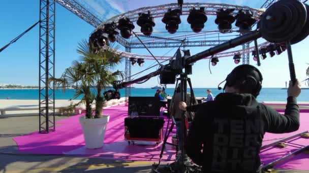 Cannes França Abril 2022 Bastidores Programa Filmando Canneseries Beira Mar — Vídeo de Stock