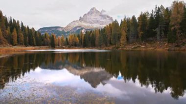Misurina Gölü, İtalya 'nın Dolomites şehrinde Lavaredo Dağları' nın Üç Tepesi ile çevrili sonbahar ormanıyla çevrilidir.