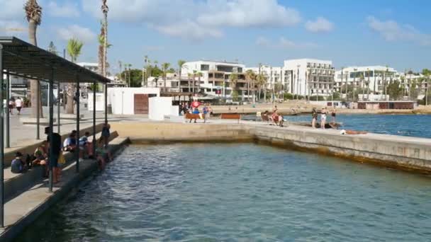 파포스 키프로스 2023년 사람들은 햇빛에 지중해를 일광욕하고 즐기는 — 비디오
