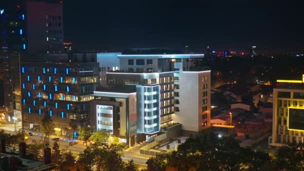 Бухарест Румунія Вересня 2023 Вид Повітря Освітлені Офісні Будівлі Ввечері — стокове відео