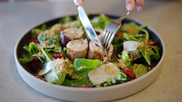 レタスとチキンの健康的な緑のサラダ — ストック動画