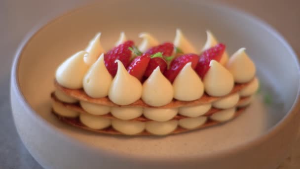Mille Feuille Cake Strawberry Plate — Stock Video