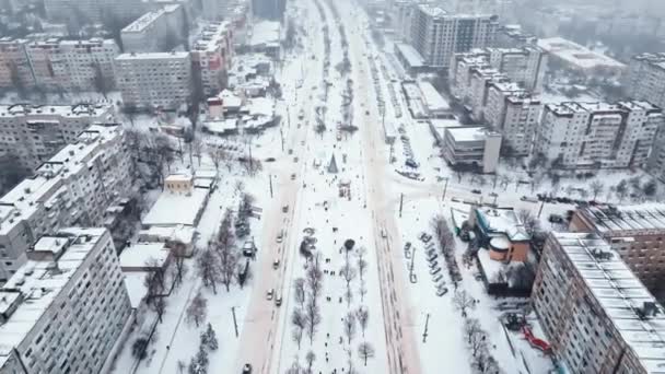 Letecký Pohled Město Pokryté Sněhem Zima Kišiněvě Moldavsko — Stock video