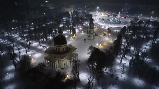 Widok Lotu Ptaka Kiszyniów Centrum Miasta Pokrytego Śniegiem Katedra Budynek — Wideo stockowe