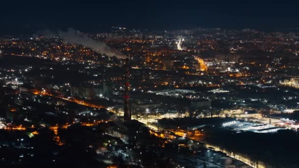 Вид Воздуха Город Кишинев Покрытый Снегом Ночью Голубой Час Молдова — стоковое видео