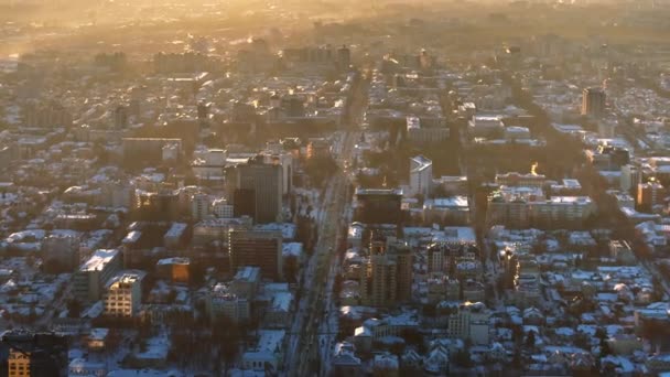 Letecký Výhled Centrum Města Pokryté Sněhem Východ Slunce Během Zimy — Stock video