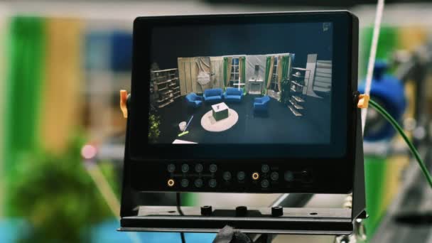 Externí Monitor Jeřábu Videokamery Zobrazující Televizní Studio Video Produkce Zákulisí — Stock video