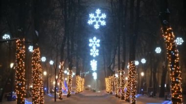 Kar yağarken Central Park 'ta Noel süsleri. Moldova 'nın Chisinau kentinde kış akşamı
