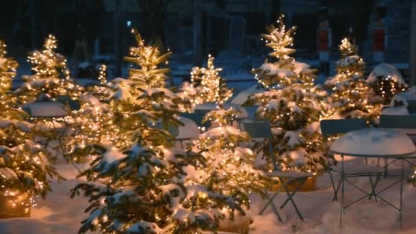Luces Lámpara Guirnalda Árboles Navidad Cubiertos Nieve Cerca Mesas Café — Vídeos de Stock