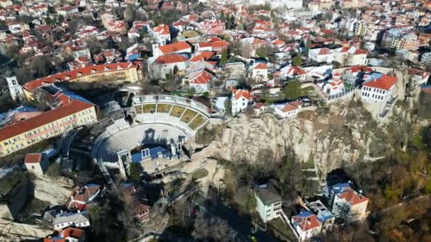 Aerial Drone View Ancient Theatre Philippopolis Orange Roofs Covered Snow — Stock Video