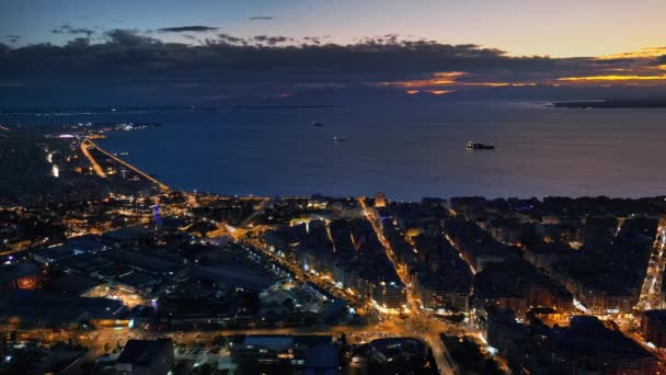 Flygdrönare Utsikt Över Thessalonikis Kust Vid Solnedgången Egeiska Havet Centrala — Stockvideo