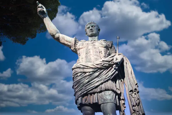Statue Emperor Trajan Rome Italy Bright Blue Sky Background Stock Picture