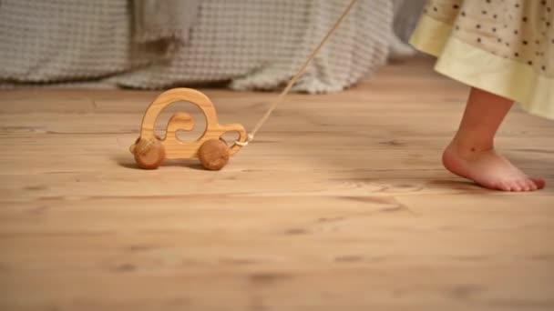 Little Girl Playing Wooden Snail Rolling Toy Floor Ecological Sustainability — Stock Video