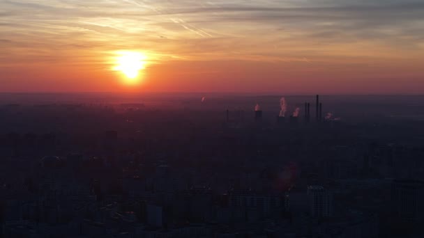 Aerial Drone View Thermal Power Stations Bucharest Sunset Cityscape Romania — Stock Video