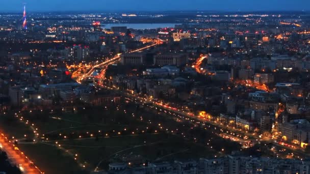 Aerial Drone View Illuminated Bucharest Cityscape Evening Moving Traffic Blue — Stock Video